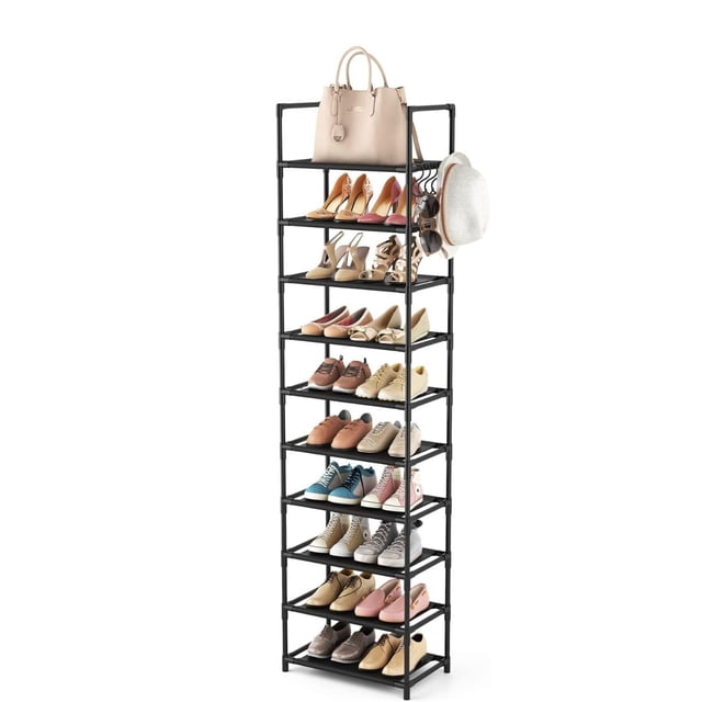Timotech Organizador de Zapatos, Zapatera, Organizador Alto de 10 Niveles para 20 a 25 Pares de Zapatos, Mueble para Zapatos con Ganchos Estrecho y Resistente para Entrada y Armarios