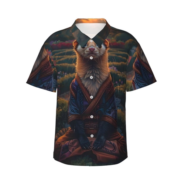 Fotbe Garden Meditating Weasel Camisa Hawaiana para Hombre Unisex – Camisa Casual de Verano con Botones de Manga Corta de Algodón y Lino,Small