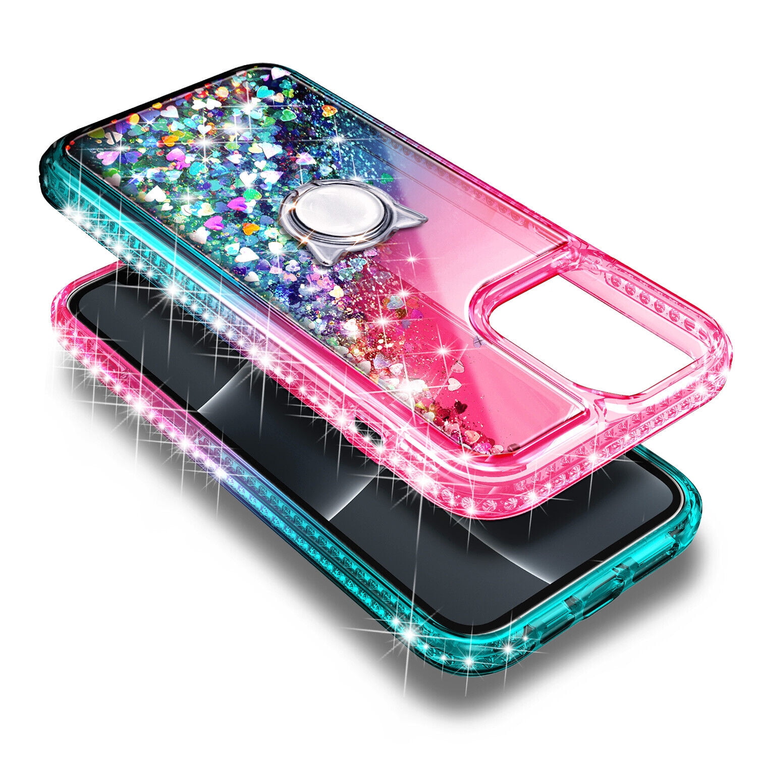 Case for iPhone 14 Plus, Moving Liquid Holographic Glitter Case with Kickstand, Women Slim Protective Case, Pink&Green