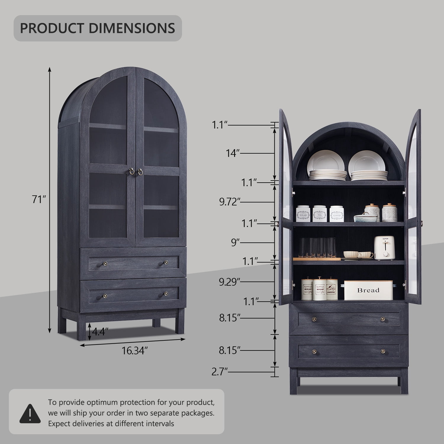 Arch Bookshelf with Storage Set of 2, Tall Bookcase with Glass Doors & Drawers