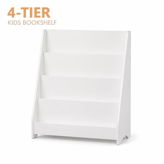 4-Tier Kids Bookshelf, Toddler Book Display Organizer with Anti-Tip Design, Wooden Children Book Storage Shelf for Bedroom Playroom Nursery Classroom - White