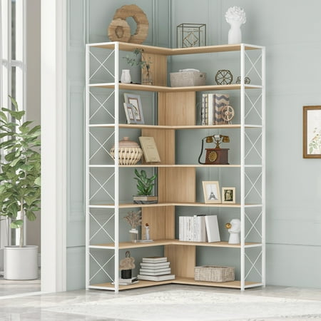 

7-Tier Bookshelf L-Shaped Corner Bookcase with Metal & X-shaped Bar Frame Industrial Style Display Shelf Tall Bookshelf with Open Storage and Adjustable Foot Pads for Living Room Home Office Oak