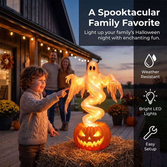 Swirling Ghost Pumpkin Yard Lamp, Lighted Spooky Ghost Statue, Warm LED Outdoor Porch Pathway Decor, Fall Autumn Garden Lawn Holiday Ornament for Halloween Party Decoration(A)