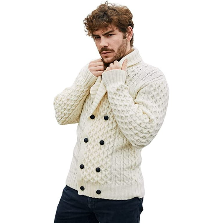 Men's Double Breasted Shawl Cable Knit Cardigan - Aran Sweaters Direct