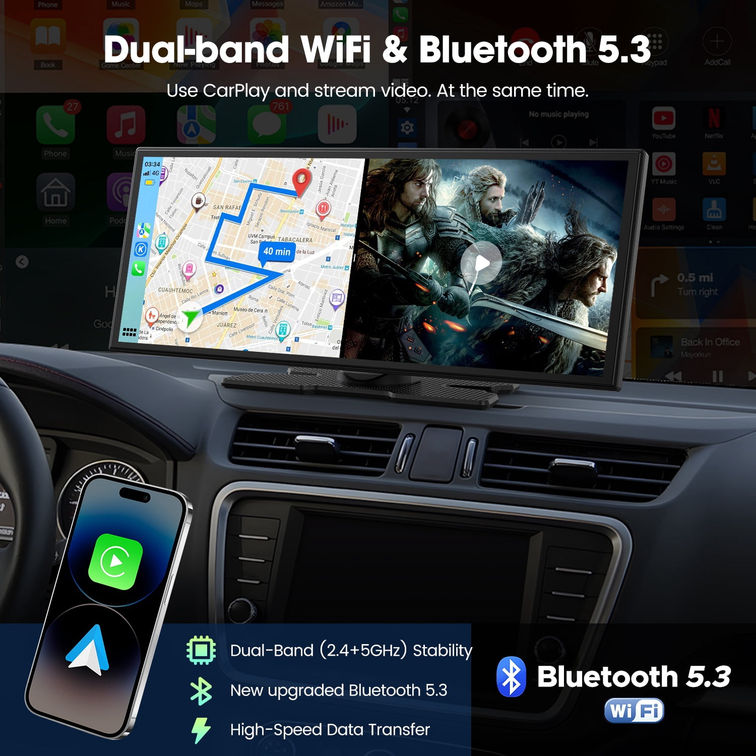 LAMTTO 10.25" Wireless CarPlay & Android Auto Built-in Video Apps, Backup Camera, Split Screen Display, 1920*720P Car Stereo Dual WiFi Bluetooth, OTA, FM/AUX