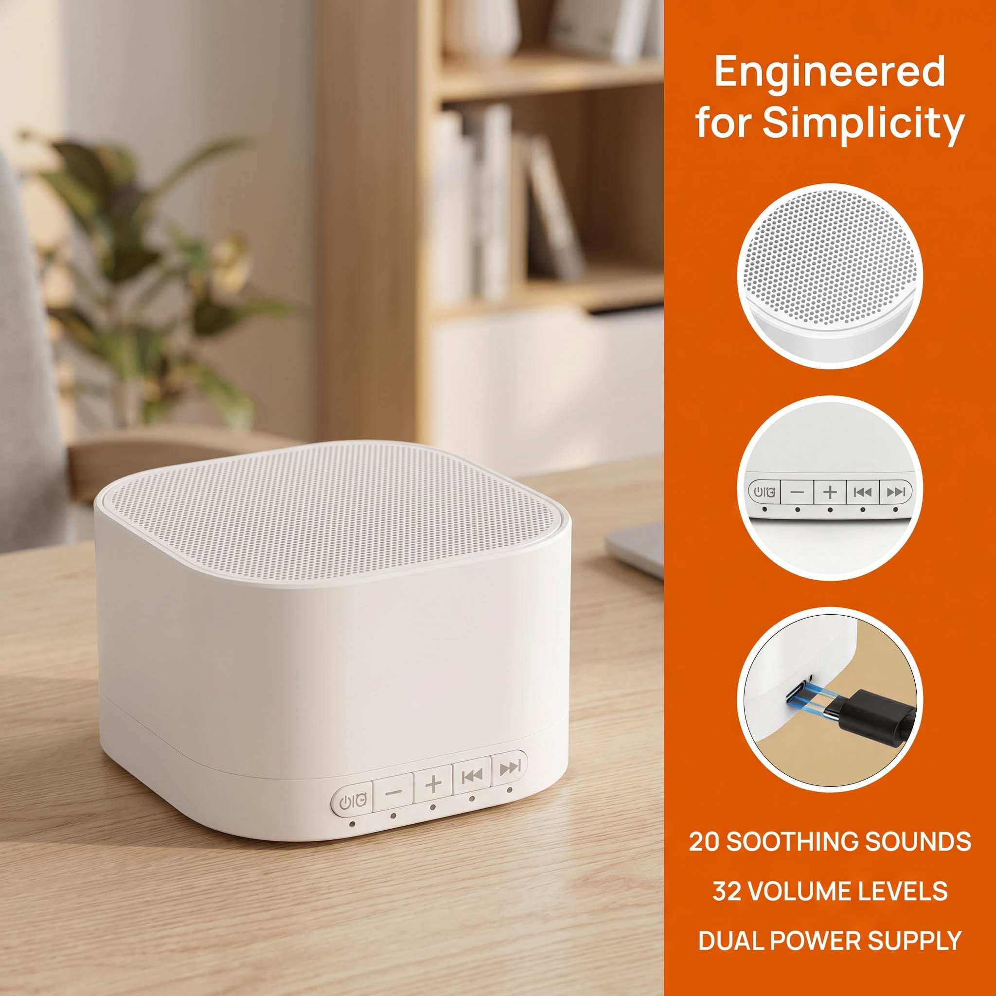 Magicteam White Noise Machine with 20 Non Looping Natural Soothing Sounds and Memory Function 32 Levels of Volume Powered by AC or USB and Sleep Sound Timer Therapy
