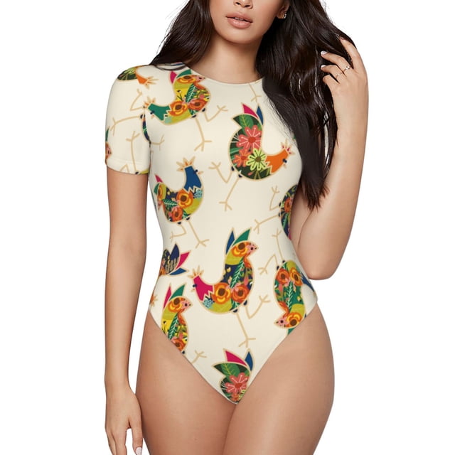 Bingfone Justaucorps Boho Motif Poulet pour Femmes, Col Rond, Bouton Pression, Manches Courtes, Adapté pour Fête, Sport, Usage Quotidien-TTG