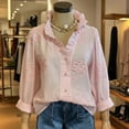 thumbnail image 4 of Endives Women's Button Down Shirt Floral Collar Embroidery Blouse Ruffled V Neck Long Puff Sleeve Casual Womens Tops Spring Outfit Summer Pink, 4 of 5