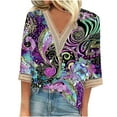 thumbnail image 2 of Xdegoge 3/4 Sleeve Tops for Women Trendy V Neck Dressy Casual Shirts Summer Outfits for Women Comfy Tunic Fit Tees Purple L Womens Clothing, 2 of 5
