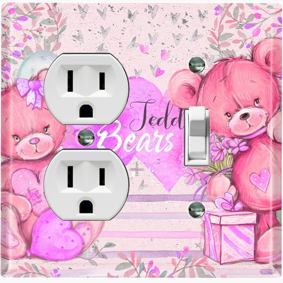 Metal Light Switch Wall Plate Outlet Cover (2 Teddy Bears Red With Love Heart Balloon Flower - Single Duplex Single Toggle)
