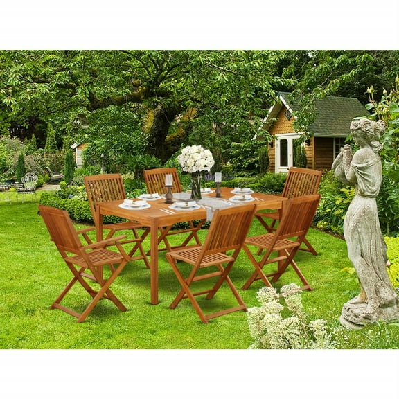 East West Furniture CMCM72CANA Cameron 7 Piece Patio Dining Set Consist of a Rectangle Outdoor Acacia Wood Table and 2 Folding Arm 4 Side Chairs, 36x66 Inch, Natural Oil