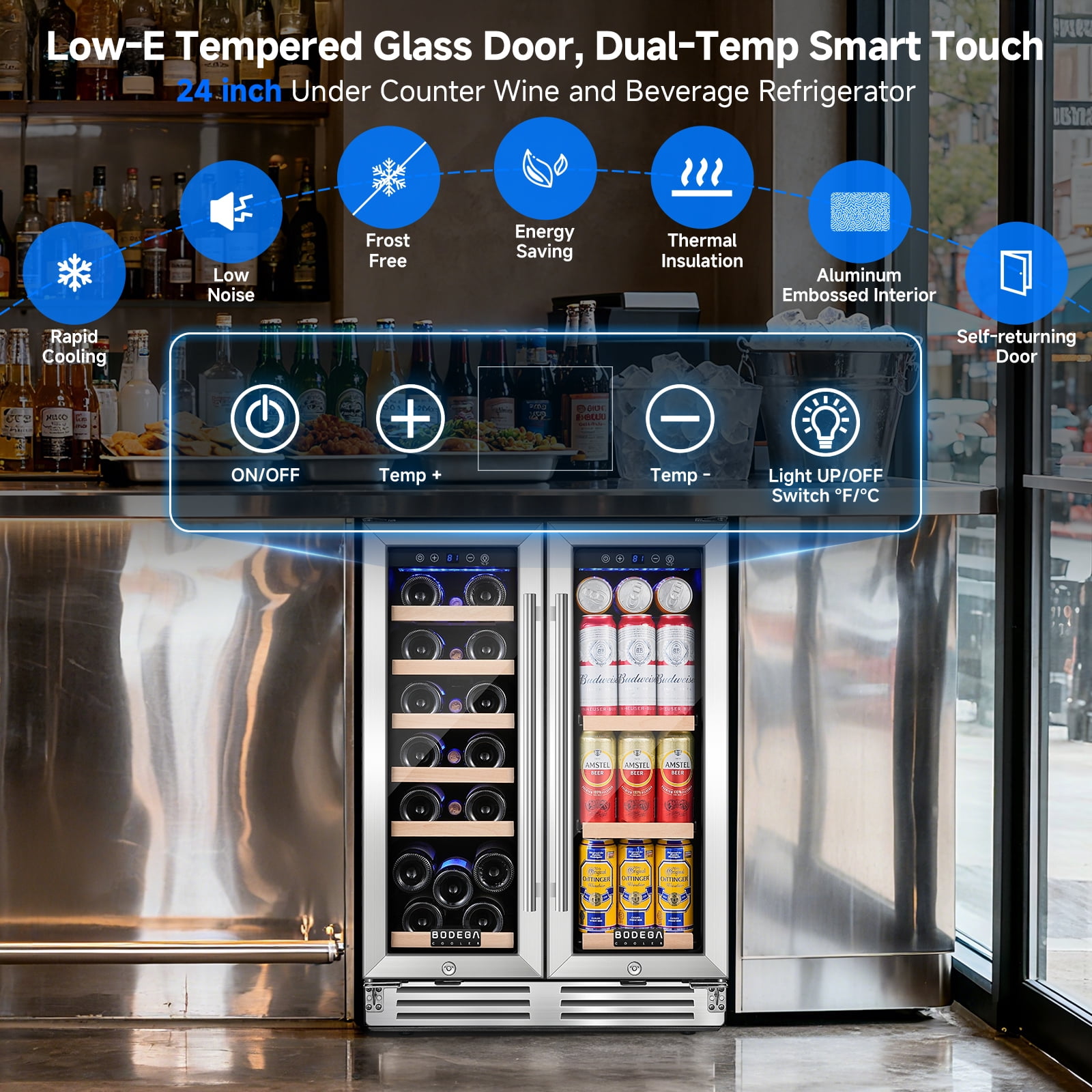 BODEGA Wine and Beverage Refrigerator, 24 Inch Dual Zone Wine Cooler, Freestanding or Under Counter Wine Fridge Hold 20 Bottles and 62 Cans