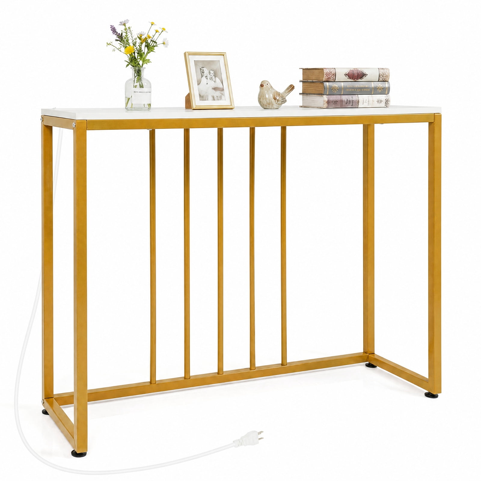 Furnibear 39 Inch Modern Console Table with Built-in Charging Station USB Type-C and AC Outlets for Entryway Living Room and Hallway, White