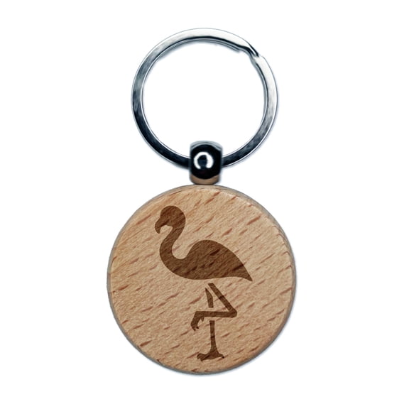 Standing Flamingo Round Keychain Charm Tag - Engraved Wood