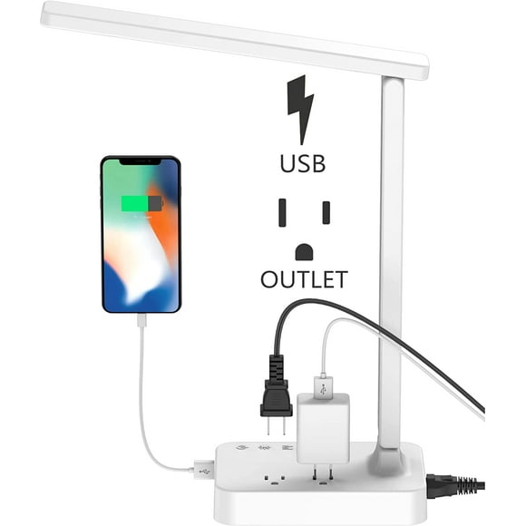 LED Desk Lamp,  Desk Light with 1 USB Charging Port and 2 AC Power Outlet, 3 Lighting Modes, 3 Level Brightness,1H Timer, Touch Control, Eye-Caring Home Office Foldable Table Lamp (White)