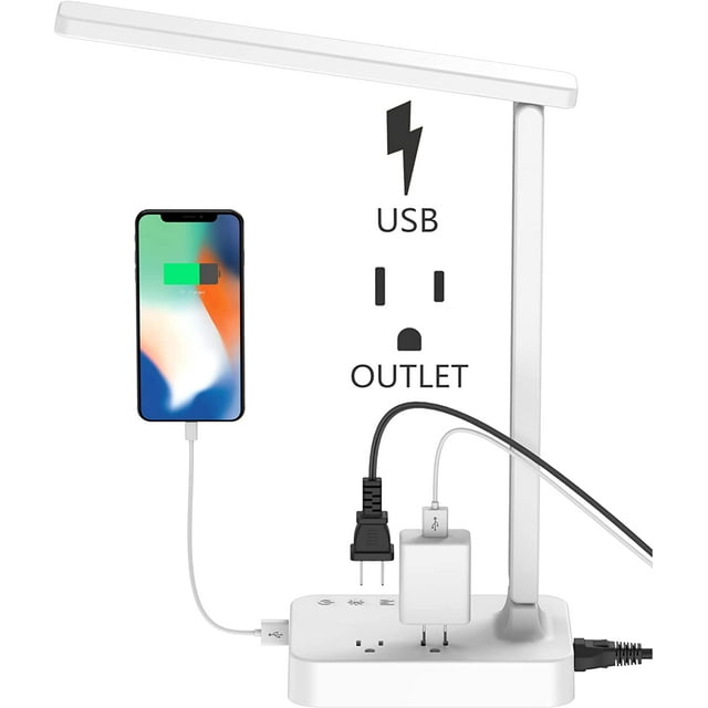 LED Desk Lamp, Desk Light with 1 USB Charging Port and 2 AC Power Outlet, 3 Lighting Modes, 3 Level Brightness,1H Timer, Touch Control, Eye-Caring Home Office Foldable Table Lamp (White)