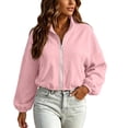 thumbnail image 6 of Full Zip Hooded Cropped Sweatshirts Women Winter Casual Stand Collar Front Zipper Fleece Jackets Drawstring Waist Hoodies with Pockets Pinks M, 6 of 9