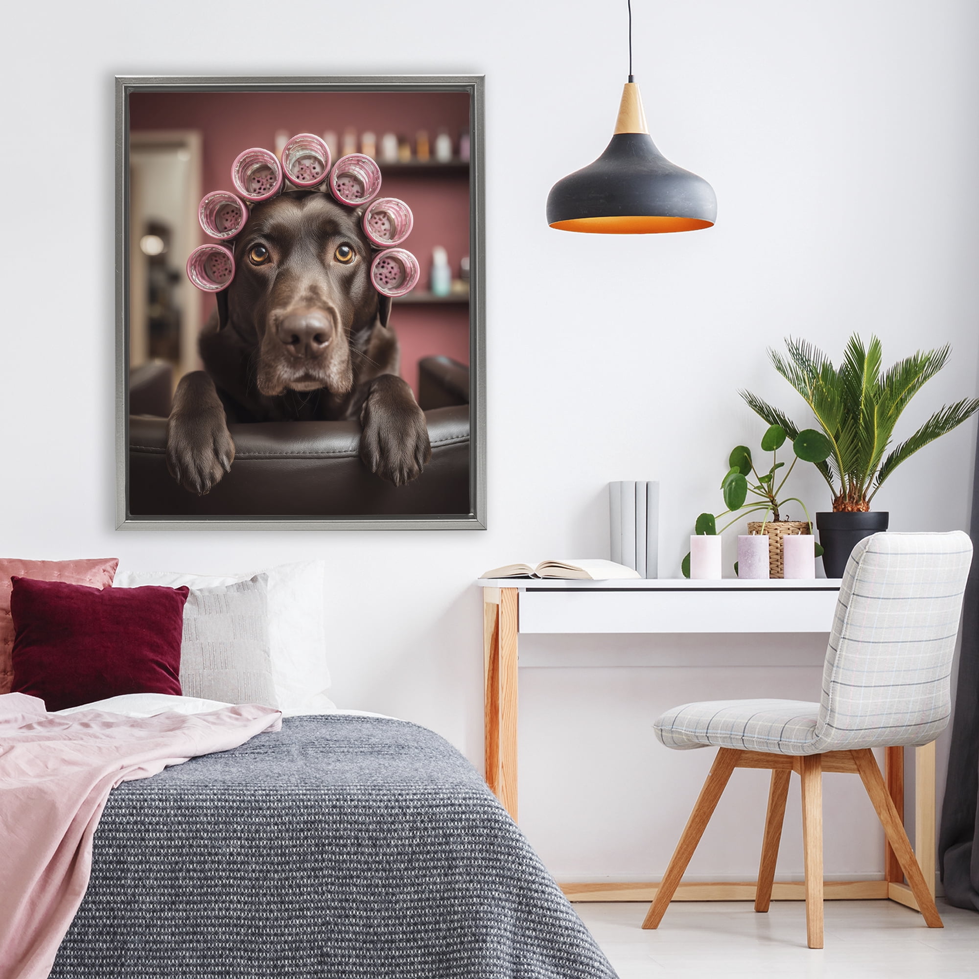 Stupell Industries Dog at Salon with Curlers Gray Framed Floater Canvas Wall Art, design by Scott Stulberg