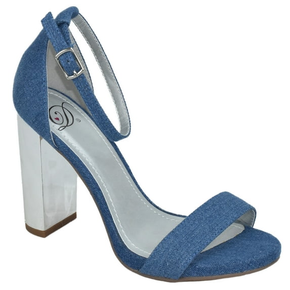 Delicious Women Thick Block Chunky High Heels Ankle Strap Open Peep Toe SHINY-S Blue Denim / Silver Heel 10