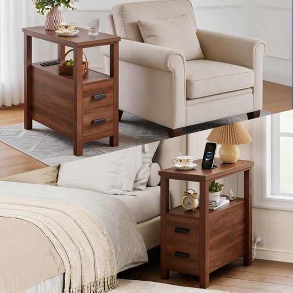 SOULART Small End Table with Charging Station and 2 Drawers, Wood Side Table with Charging Ports & Outlets, Modern Rustic Bedside Nightstand
