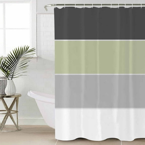 Grey Green Striped Waterproof Fabric Shower Curtain, Farmhouse Modern Shower Curtain for Bathroom Curtains Bathtubs Hotel Washable Shower Curtains with 12 Hooks Standard 66x72