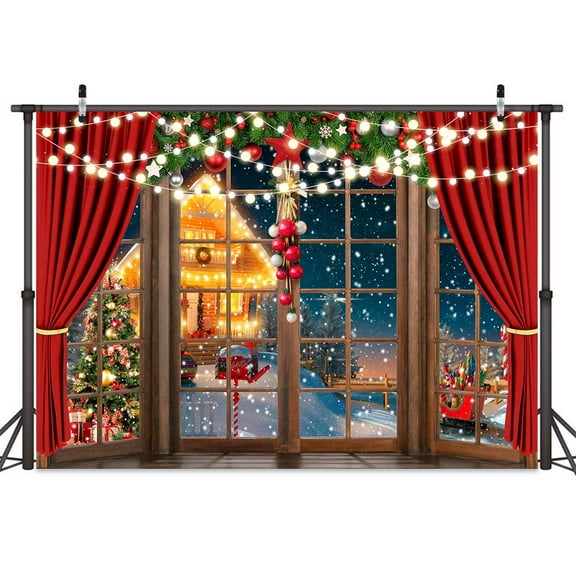 Christmas Backdrop Window Snowy Light Christmas Tree Cartoon Christmas House Decoration Background Winter Newborn Baby Portrait Photo Studio Booth Photoshoot Photographer Props 8X6FT