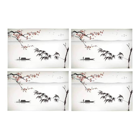 Mkhert Chinese Landscape Ink Wash Painting Bamboo Plum Blossom Boat Mkhert Chinese Landscape Ink Wash Painting Bamboo Plum Blossom Boat River Placemats Table Mats For