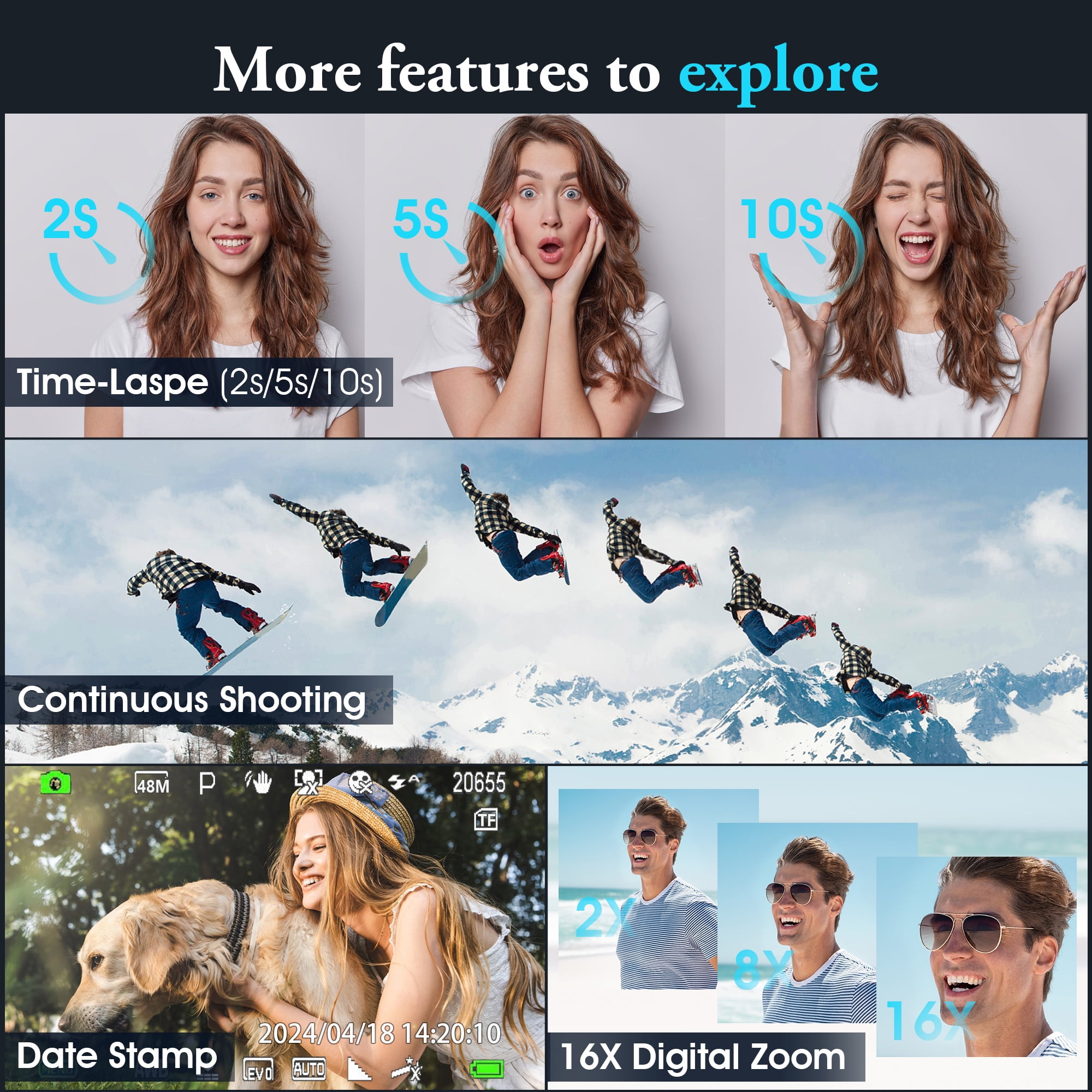 4K Video Digital Camera, AutoFocus 48MP Vlogging Camera for YouTube Anti-Shake with Viewfinder Flash & Dial,16X Zoom Travel Portable Camera with 32GB Card,2 Batteries (Black)