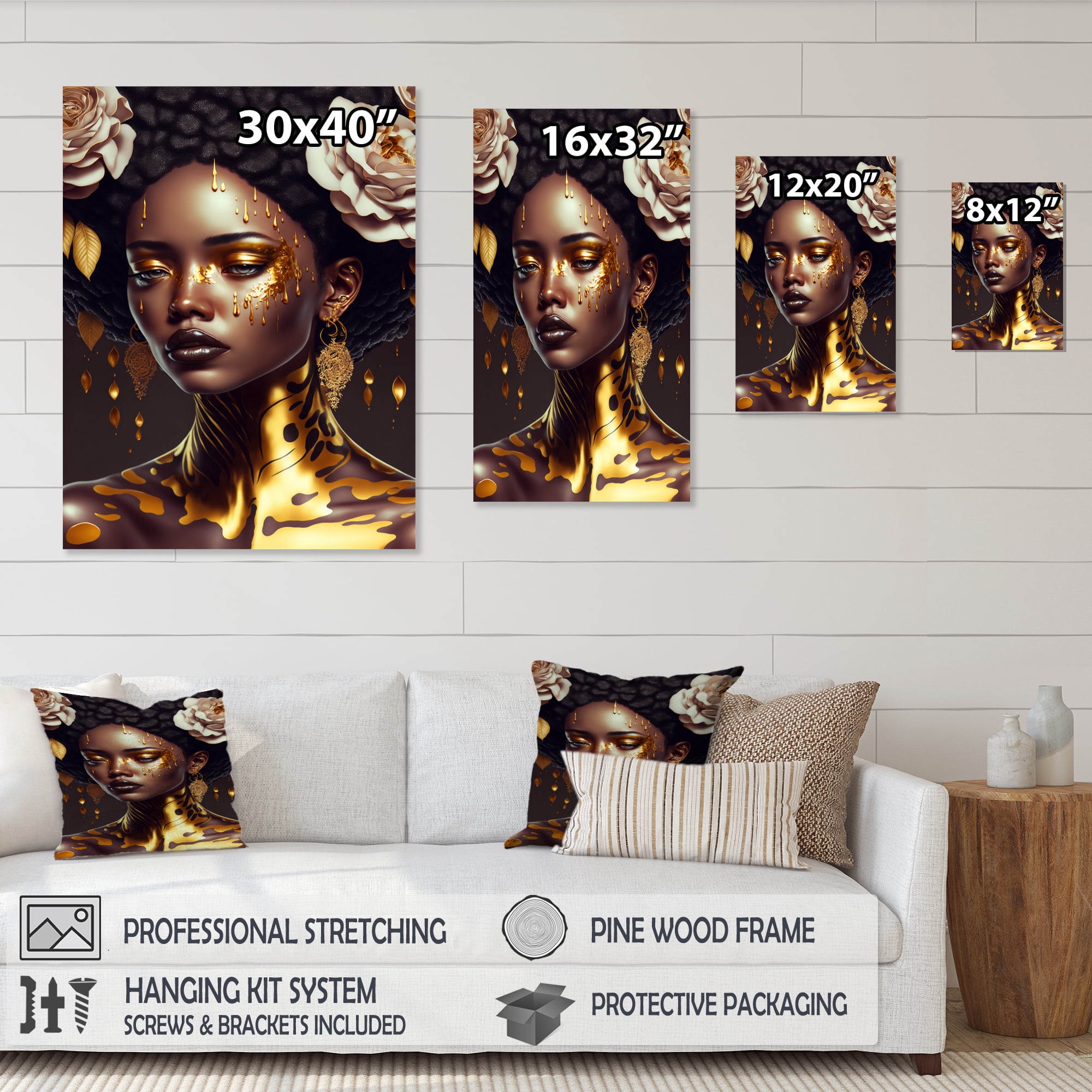 Designart Gold And Black Floral Woman VIII Canvas Wall Art