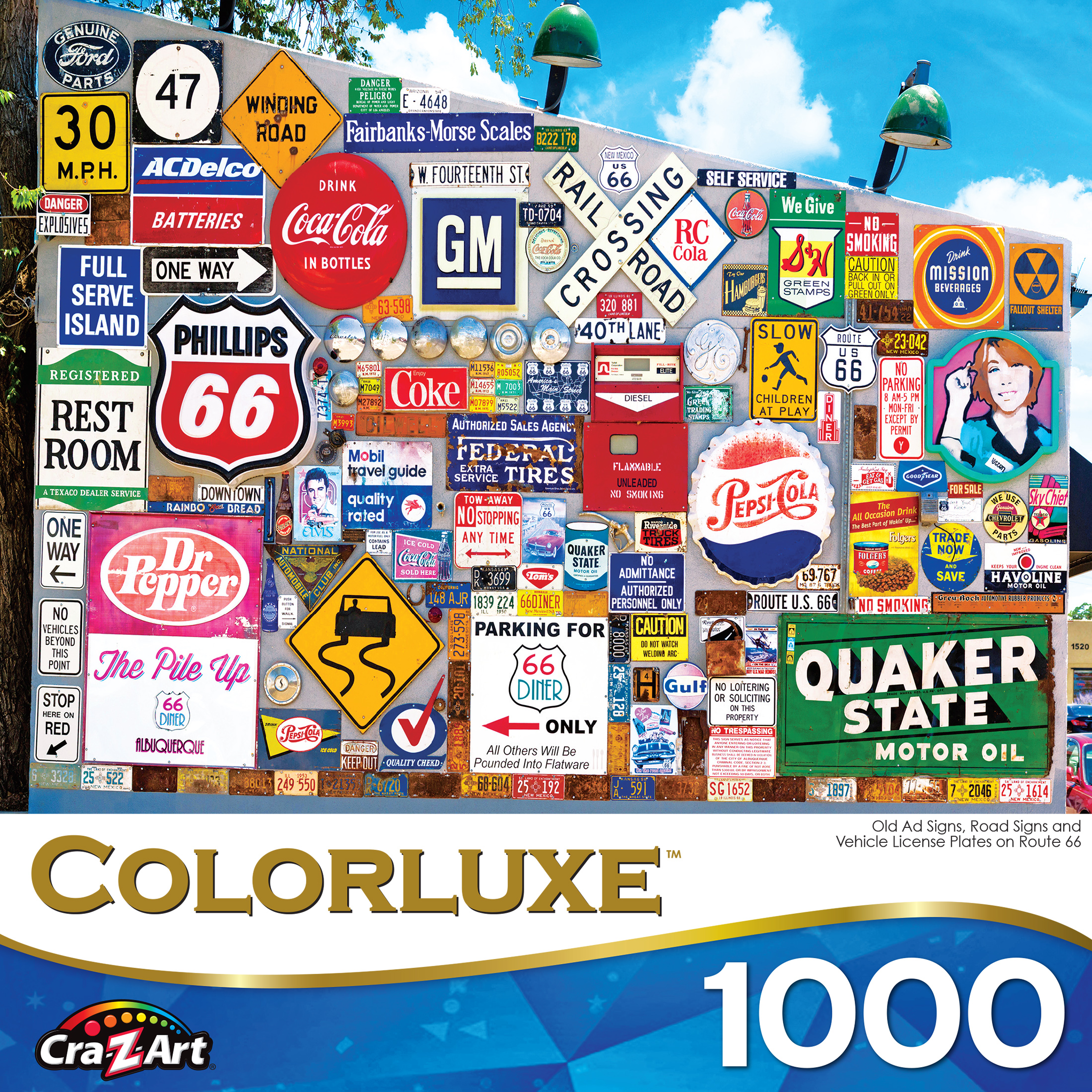 Roseart Colorluxe 1000 Piece Old Ad Signs, Road Signs and Vehicle License Plates on Route 66 Adult Interlocking Jigsaw Puzzle