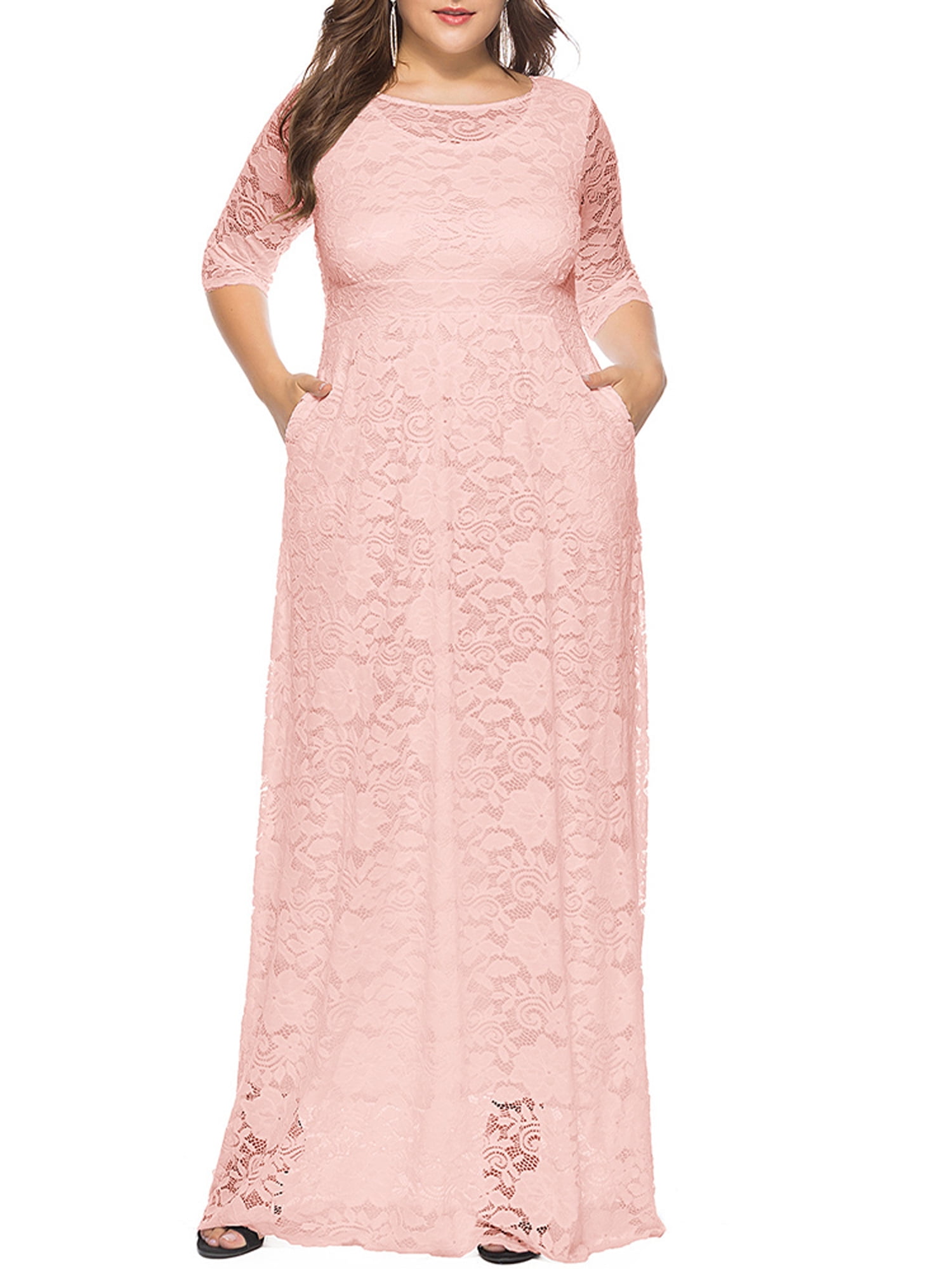 Eleluny Plus Size Women Lace Maxi Long Dress Formal Wedding Cocktail