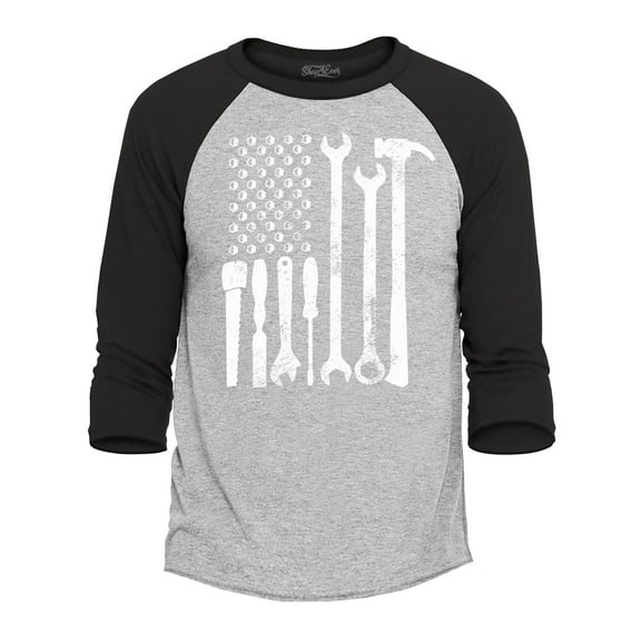 Shop4Ever Men's Mechanic Tool American Flag USA Raglan Baseball Shirt Large Heather Grey/Black