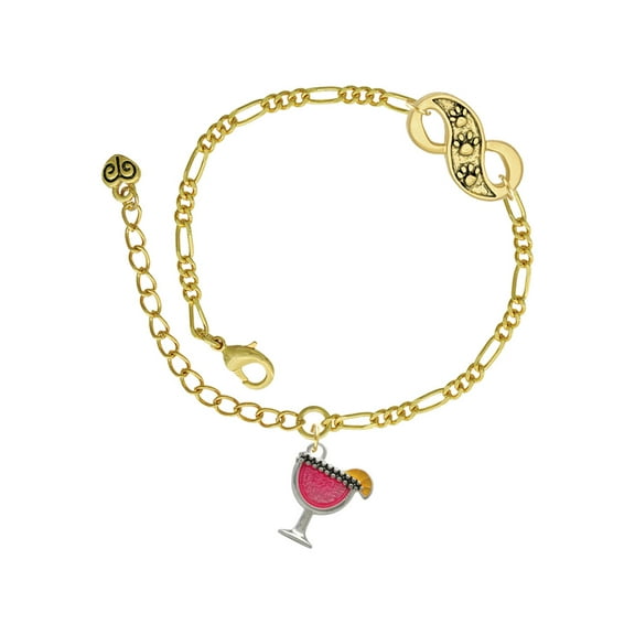 Delight Jewelry Silvertone Hot Pink Tropical Drink Gold-tone Paw Infinity Link Chain Bracelet, 6" 2" Extender