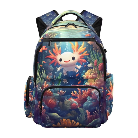 FKELYI Coral Axolotl Print Kids Backpack Girls Schoolbag 17 Inch School Bookbag with Multi-Pockets Lightweight Casual Daypack Travel Rucksack Knapsack for Student