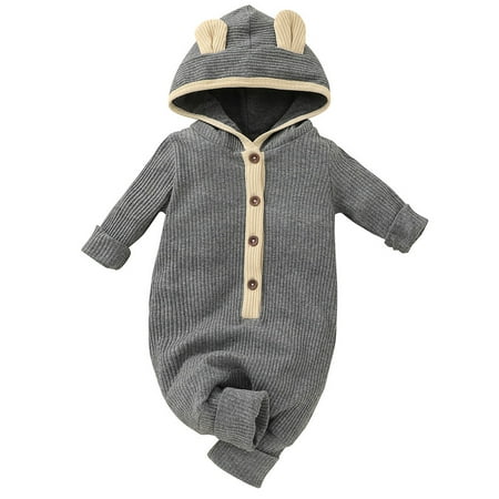 

Avamo Newborn Cute Long Sleeve Romper One Piece Plain Playsuit Baby Hooded Party Jumpsuit Gray 3-6M