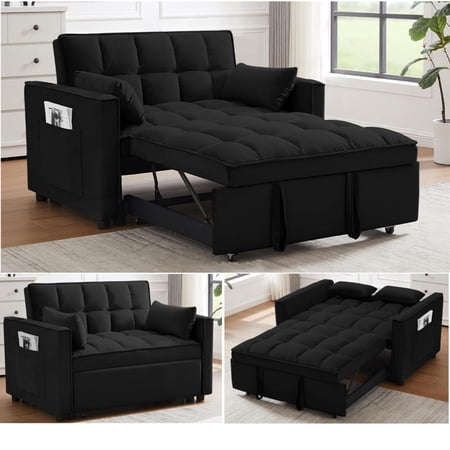 3 in 1 Convertible Sleeper Sofa Bed, 55" Modern Loveseat Pull Out Couch with Adjustable Reclining Backrest & Side Pockets, Velvet Loveseat for Living Room
