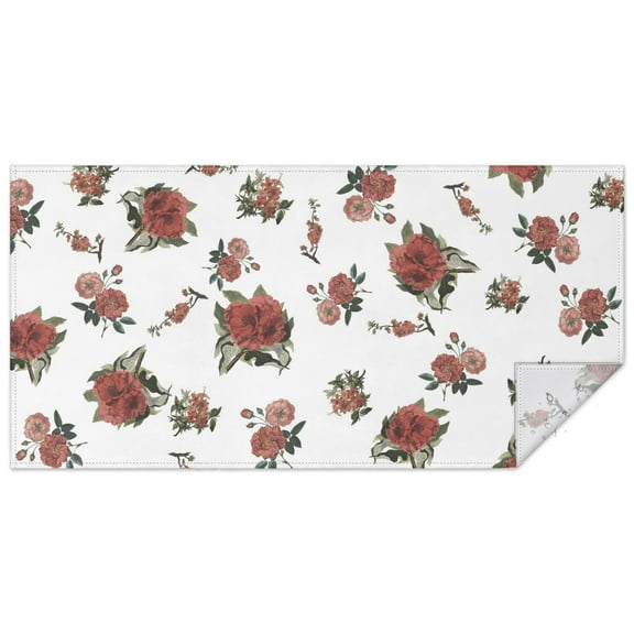 Oval Waterproof Tablecloth Red Flower on White Reusable Indoor/Outdoor Durable Table Cover 60 Inch X 120 Inch