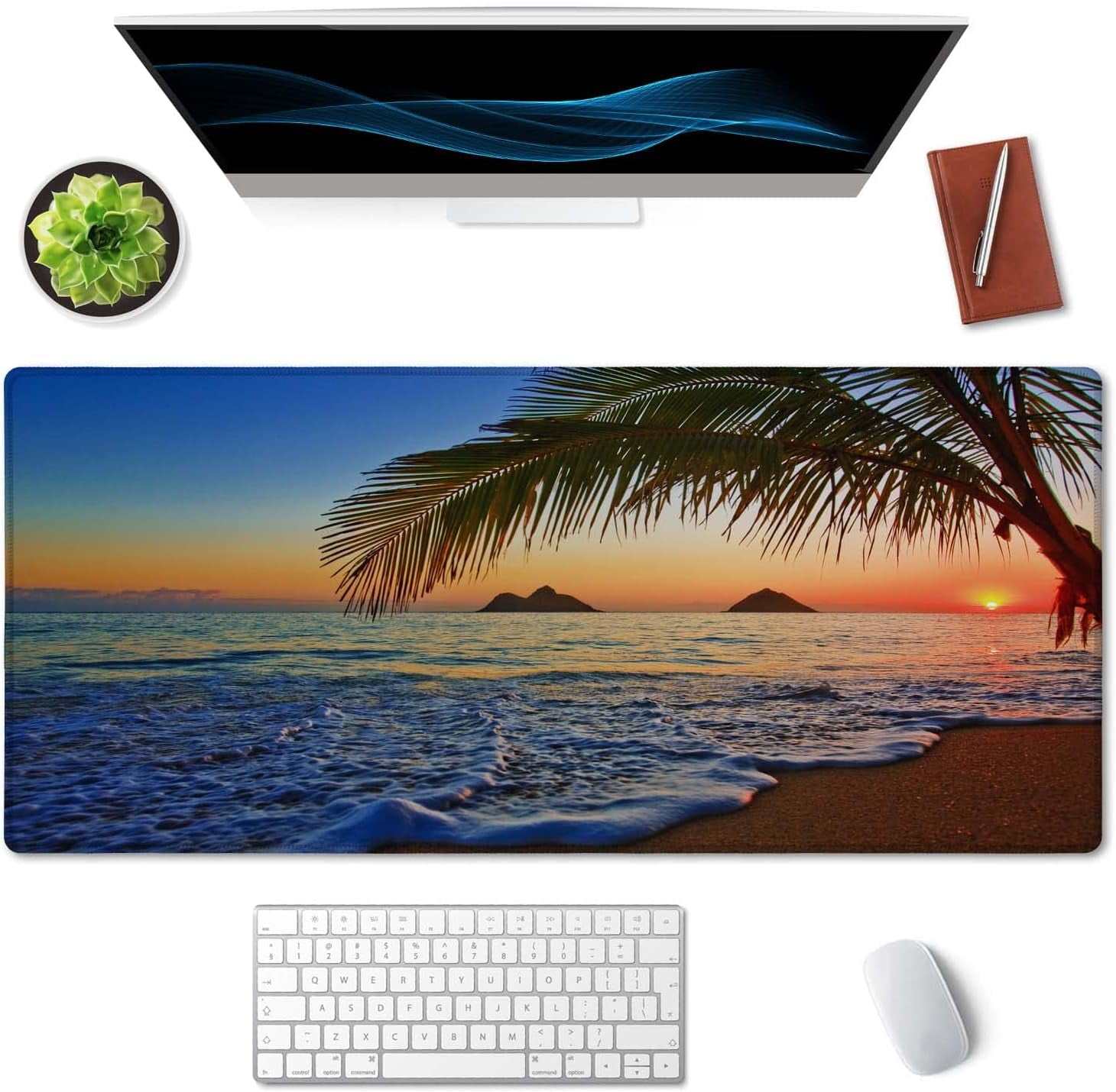 Extended Gaming Mouse Pad - Non-Slip Water-Resistant Rubber Base Computer Keyboard Mouse Mat, 35.4 x 15.7-inch XX-Large Desk Mat, Ideal Partner for Work & Game, Pacific Sunrise at Lanikai Beach