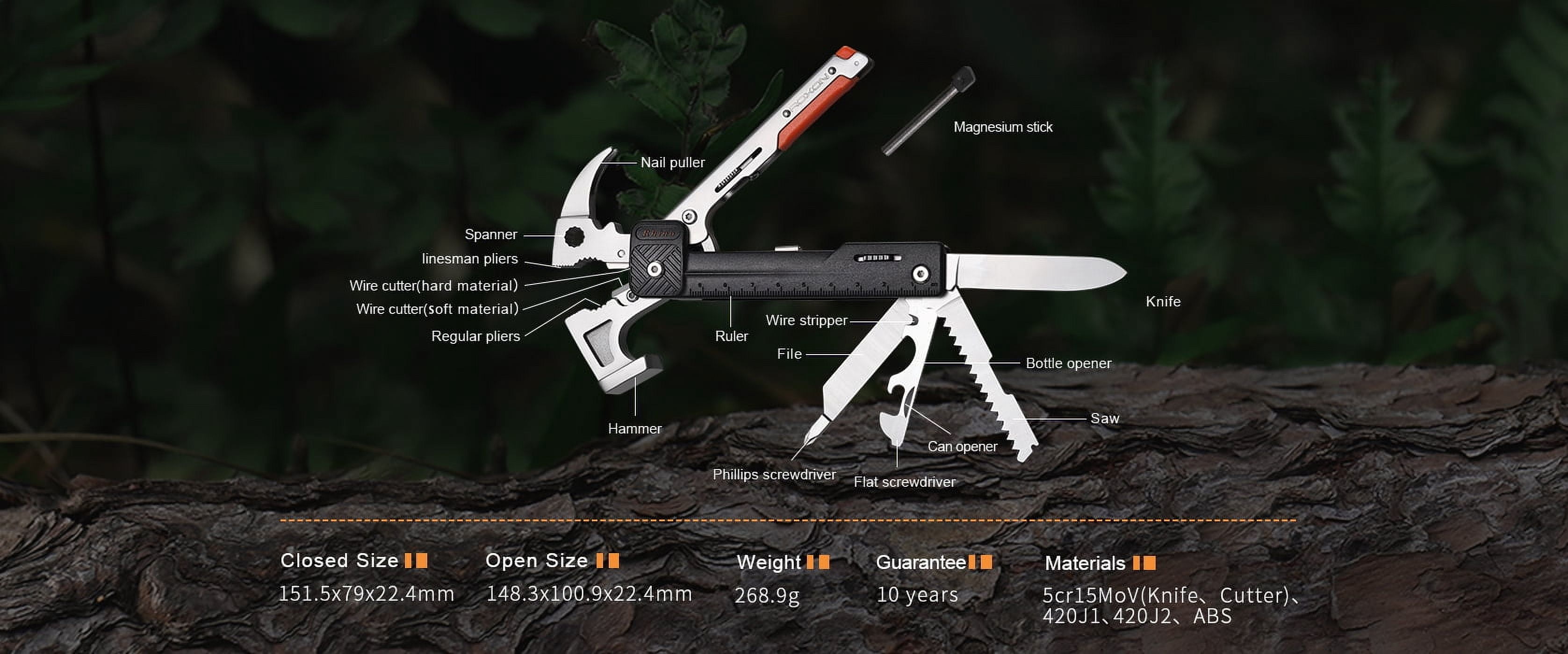 17 in 1 Camping Hammer Foldable Multitool with Flint Stone, Replaceable Wire Cutters, Knife, Saw, Whistle, Bottle Opener