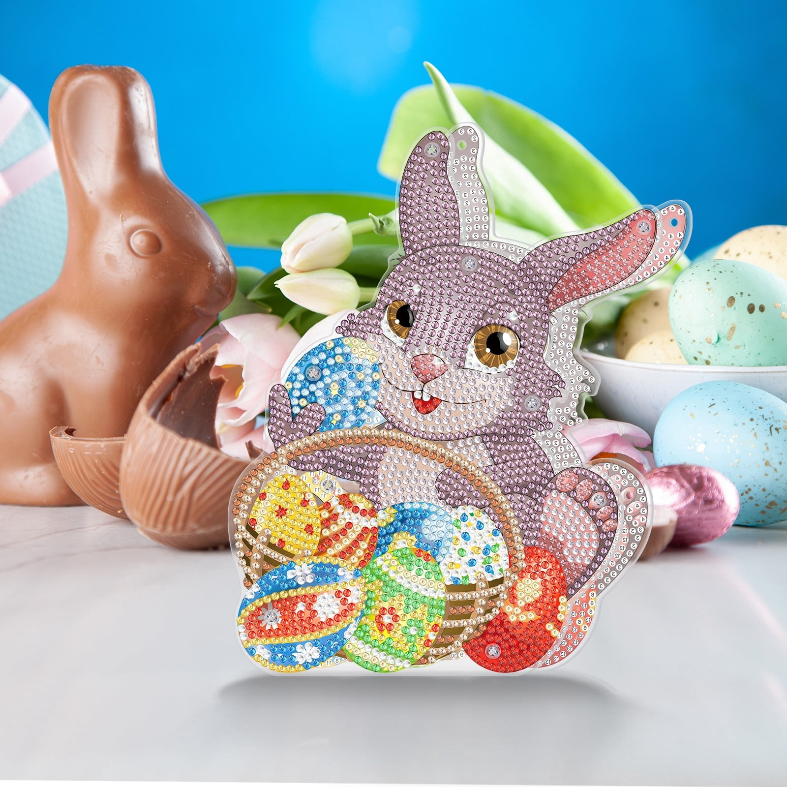 FLOPESN 5Pcs Easter Bunny DIY Diamond Art Painting Ornaments Lamp Kits, Diamond Painting Creative Handmade Bedroom Room Decor Double-Sided Dotted Diamonds