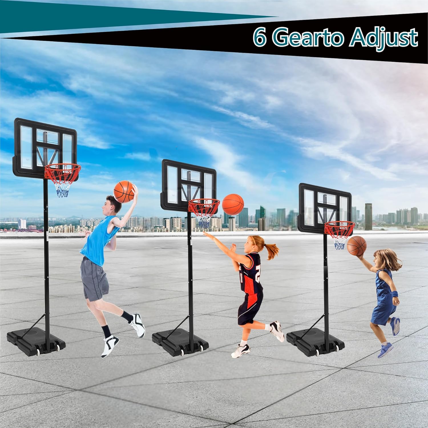 Lumiparty Portable Basketball Hoop Outdoor 5.2-10ft Height, Basketball Hoop Goal System with 2 Wheels, 44 Inch Shatterproof Backboard, Large Stable Base for Backyard