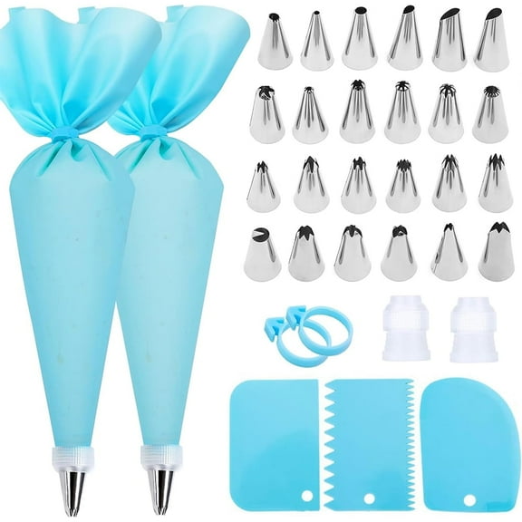 Piping Bags and Tips Set, Cake Decorating Kit with 2 Reusable Piping Bags, 24 Icing Tips, 2 Couplers, 3 Scrapers 2 Silicone Rings, Cupcake Decorating Kits Cake Piping Tips Frosting Piping Kit