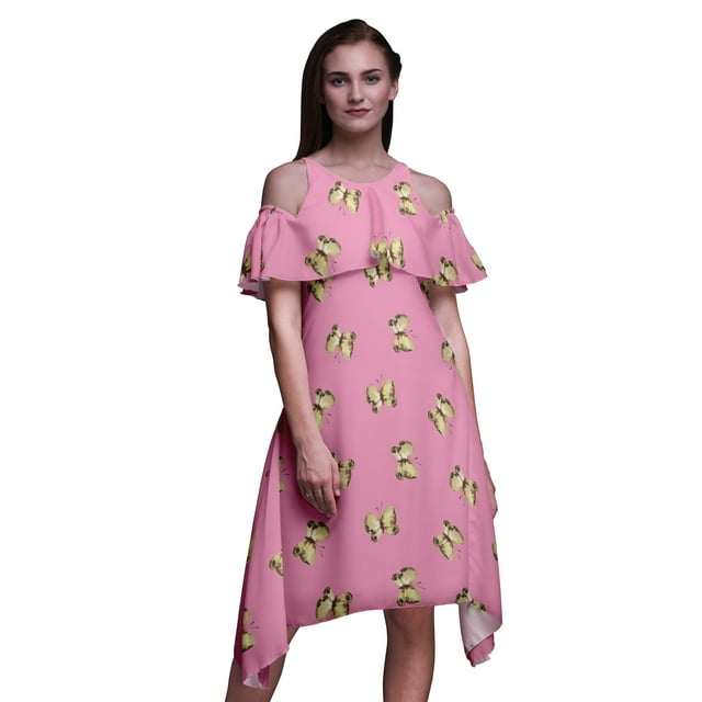 Bimba Butterfly Printed Womens Ruffle Front Cold Shoulder Swing Shift Dress-Medium