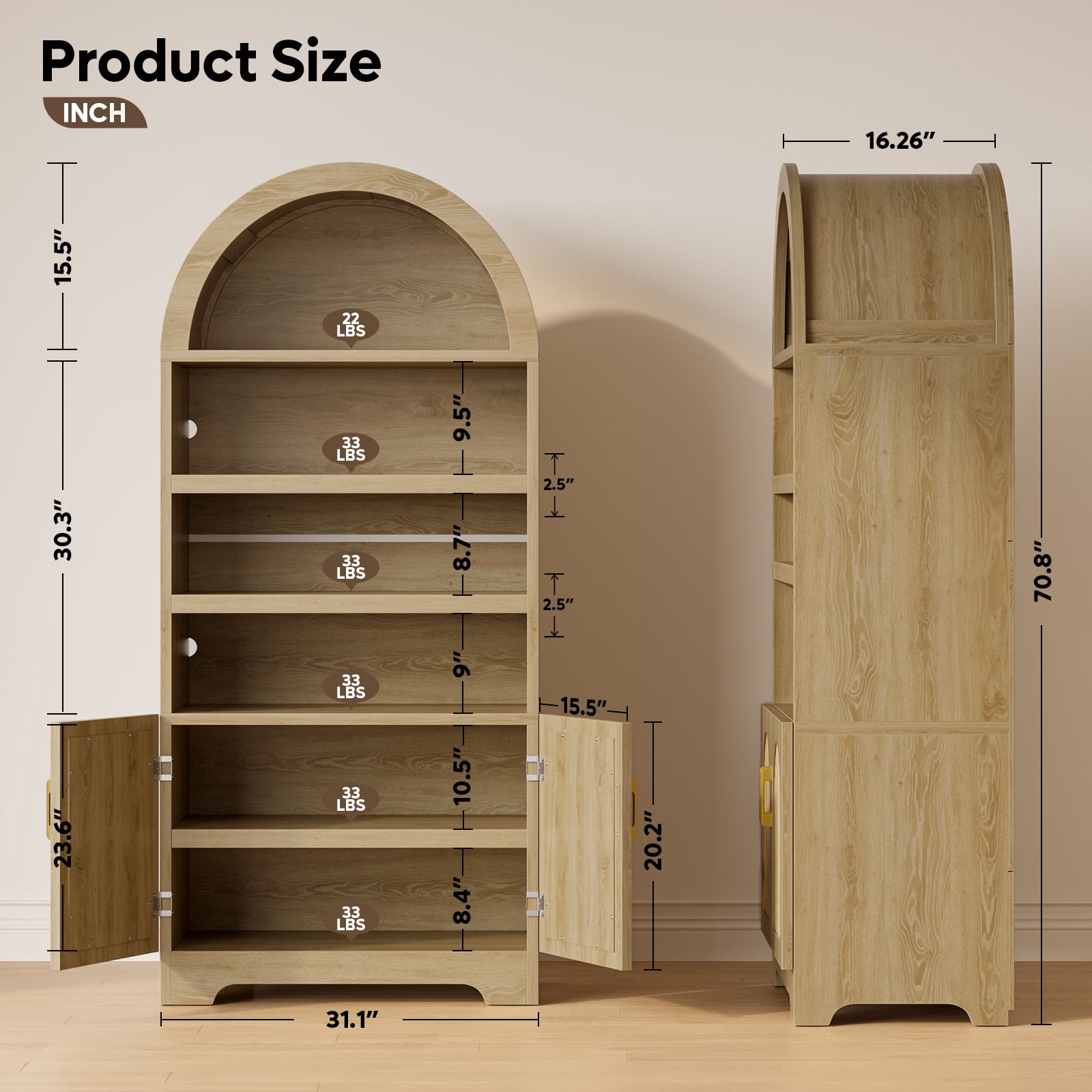 Bestier 4-Tier Arched Bookshelves with 3 Adjustable Shelves & 2 Doors, 71" Tall Kitchen Pantry Storage Cabinet, Display Shelf with Storage for Living Room Home Office, Oak