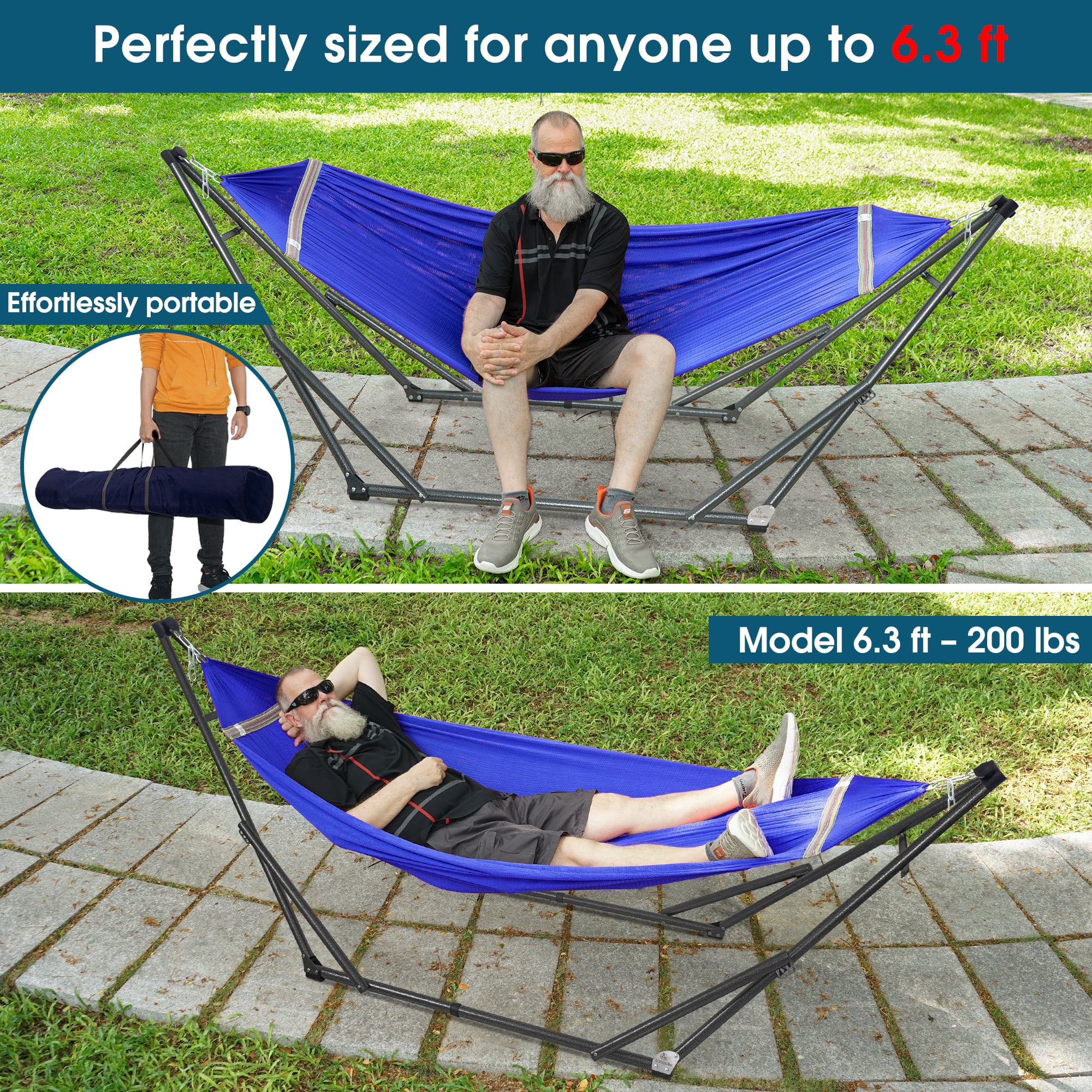 Tranquillo Camping Hammock and Stand, Collapsible Camping Hammock and Stand, 600 lbs Capacity Foldable Hammock for 2 Persons, Premium Noiseless No Screws Heavy Duty Multifunctional Stand, Blue