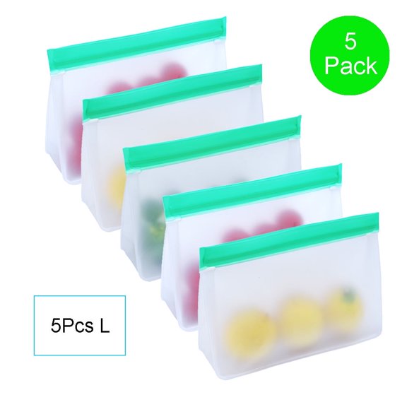 TETOU 5Pcs Stand Up Reusable Silicone Bag, Leakproof Ziplock Food Storage Bags PEVA Freezer Bags for Sandwich Snack Vegetable Meat Cheese Lunch Marinate Food Travel - 5L