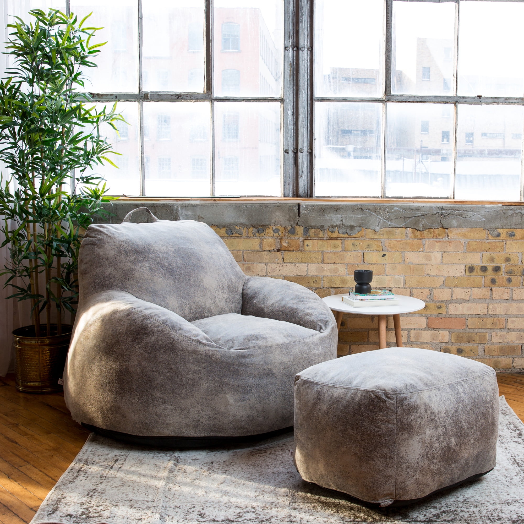 Big Joe Nestle Bean Bag Chair Ottoman, Cement Blazer, Vegan Leather