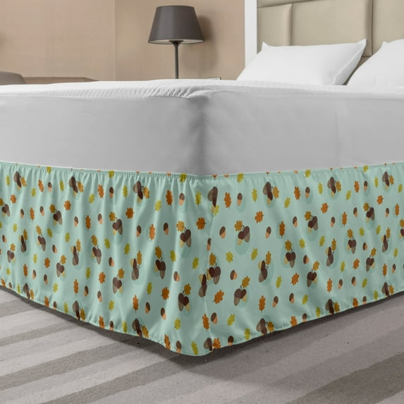 Acorn Bed Skirt, Cartoon Acorn and Leaves Pattern in Continuous Order Pastel Color Oak Tree Elements, Elastic Bedskirt Dust Ruffle Wrap Around for Bedding Decor, 4 Sizes, Multicolor, by Ambesonne