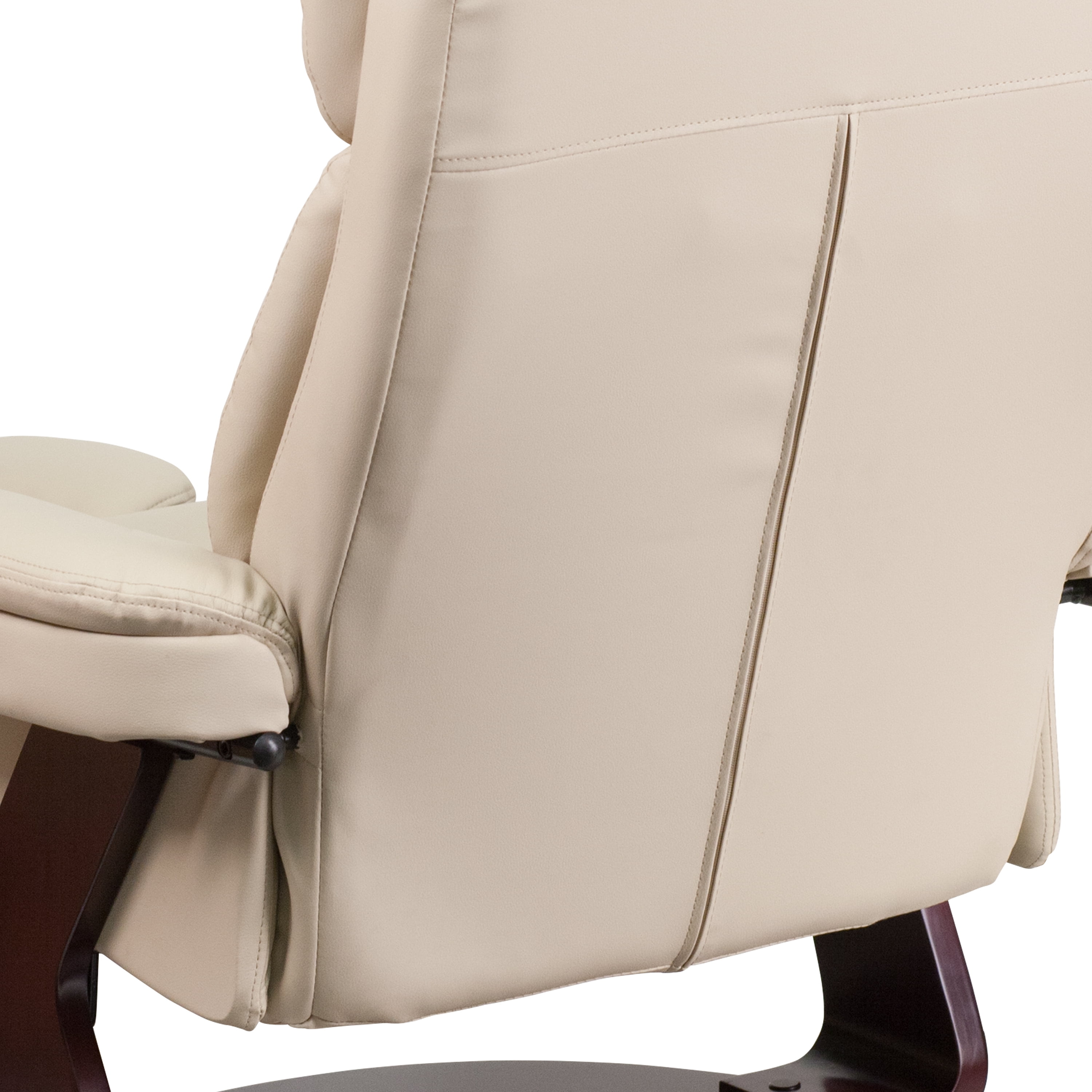 Emma + Oliver Multi-Position Recliner & Curved Ottoman with Swivel Wood Base in Beige Leather
