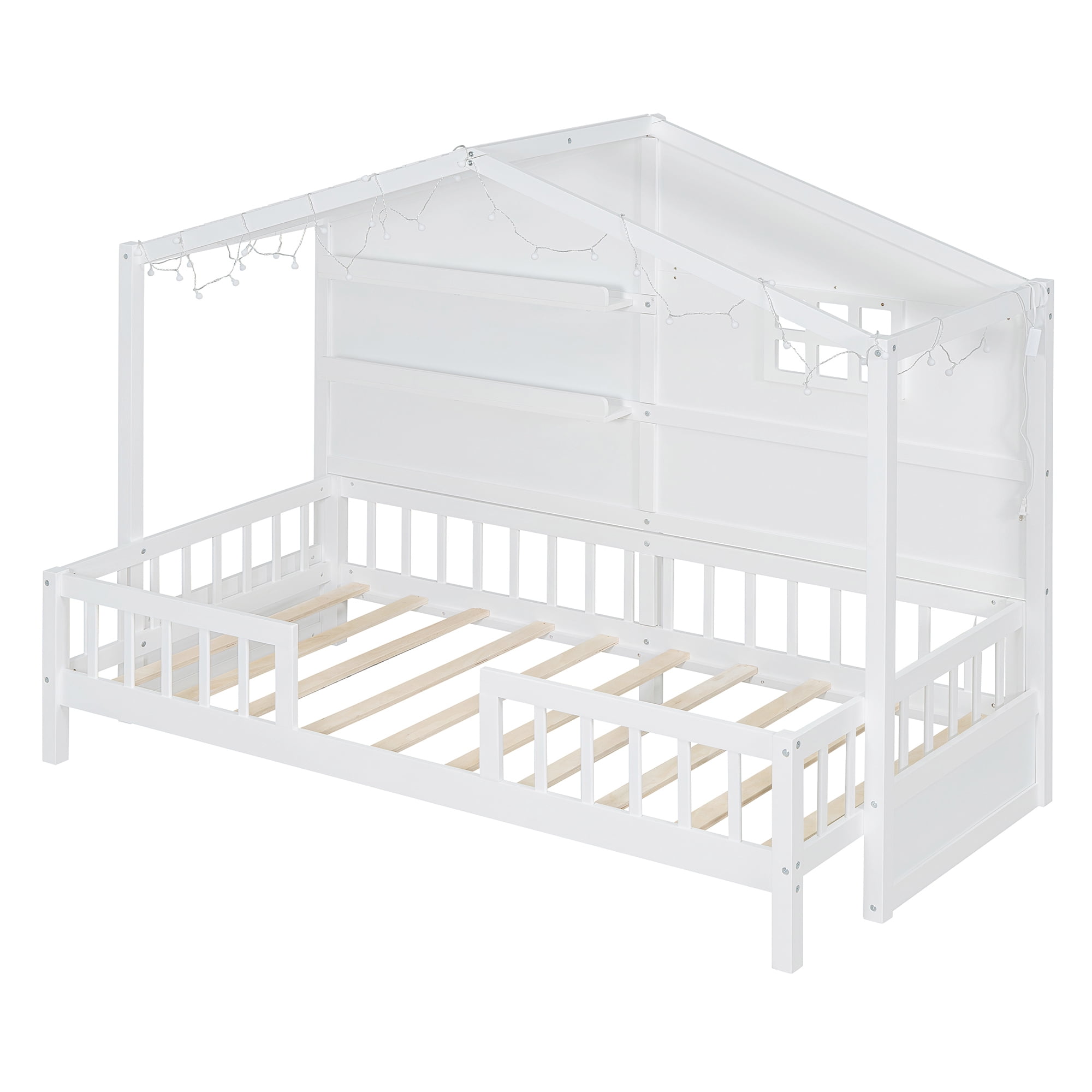 Mintazer Twin House Bed with LED String Lights & Storage Shelves, Toddler Montessori Bed Frame with Guardrails for Kids, White